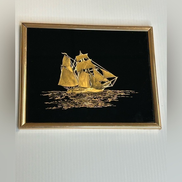 80s Gold Foil Art Etching Sailboat Pirate Ship Sea Picture Framed 10x8 - Picture 1 of 6